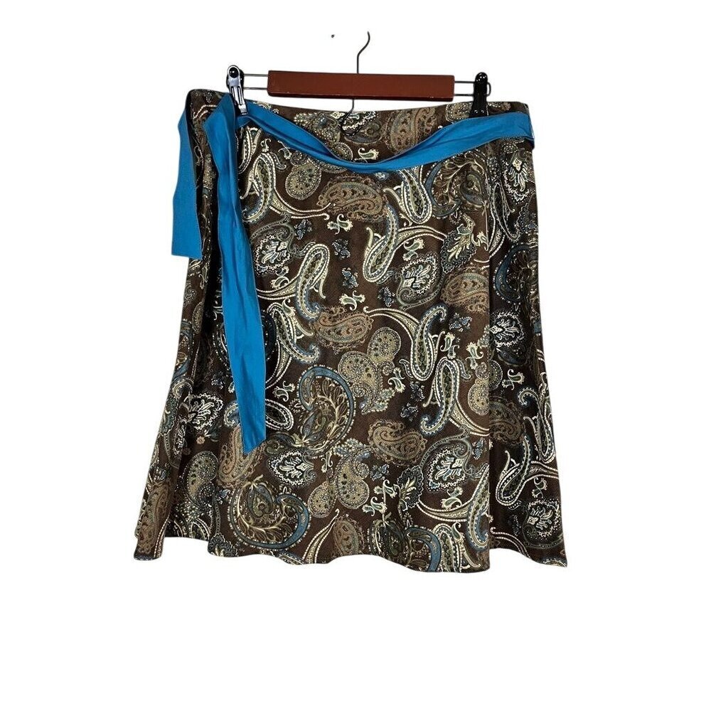 Boho Paisley Corduroy Skirt 14P Brown Floral Hippie‎ Western Indie Folk Workwear